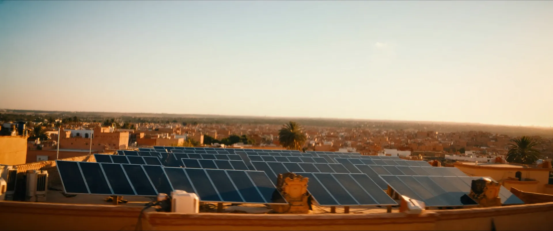 Toiture marocaine équipée de panneaux solaires monocristallins en fin de journée