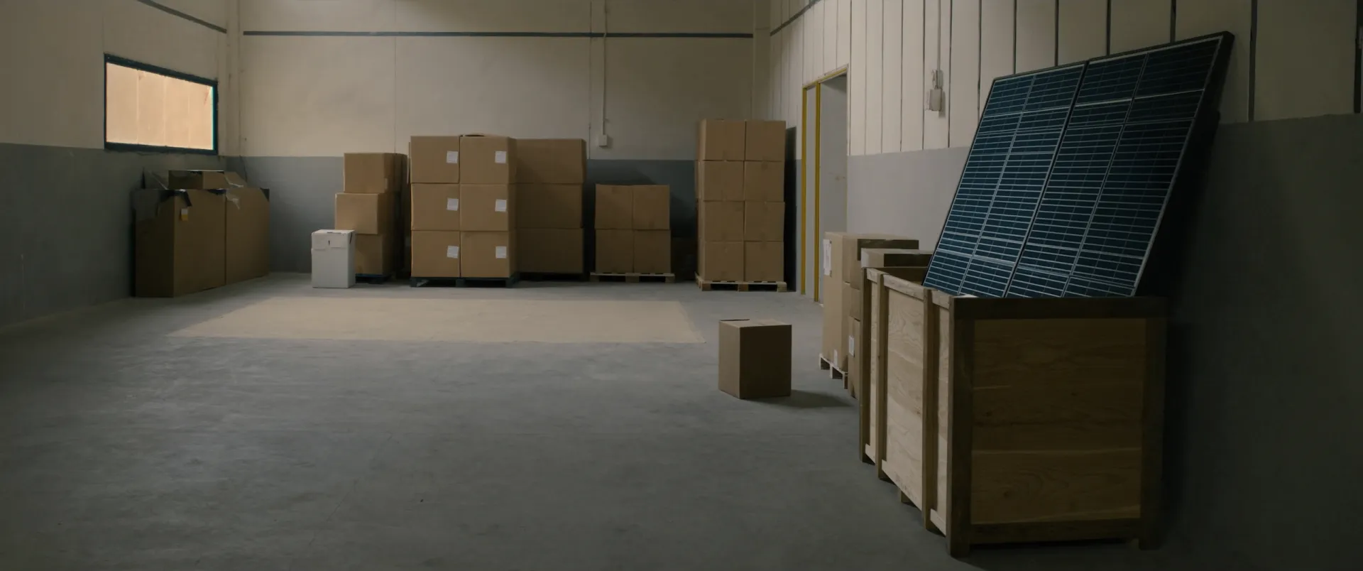 Panneaux solaires en caisse et cartons sur palettes dans le dépôt de Casablanca